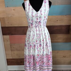 Sleeveless V-Neck Midi Dress in White with Pink Floral Print